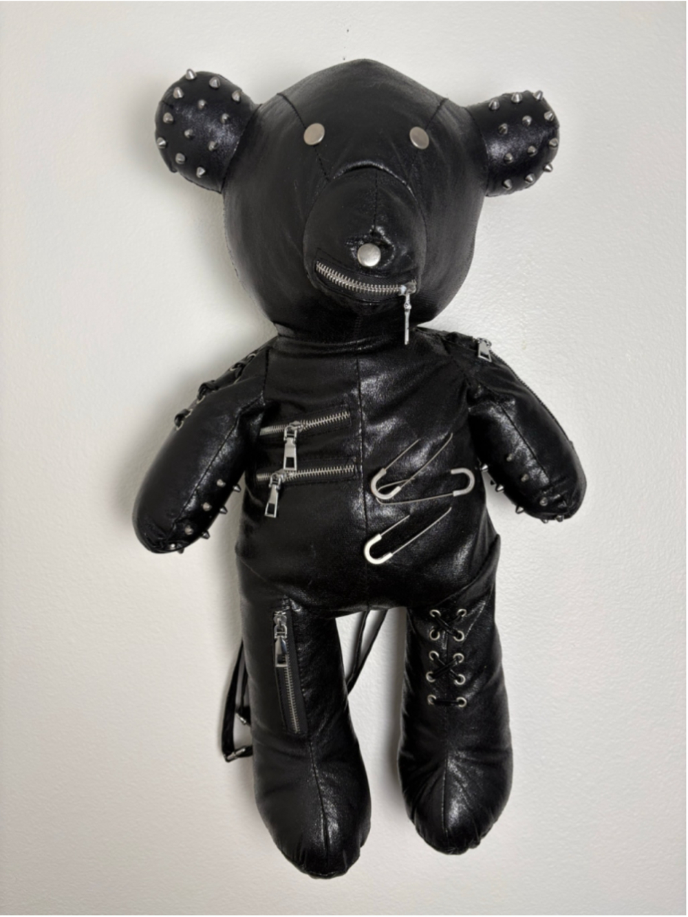 Punk Rock Style Black Leather Teddy Bear Stuffed Animal Backpack One Size